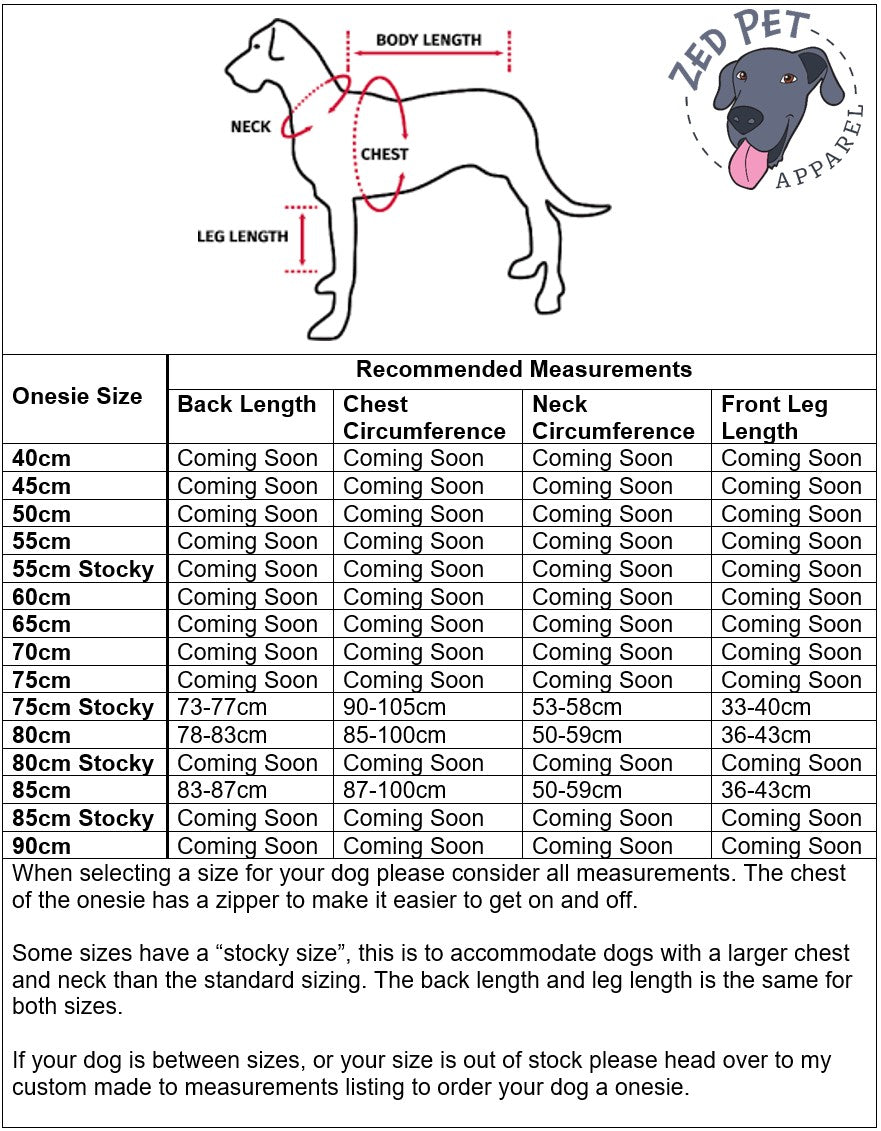 Ready Made Dog Onesie - XXL (80cm and 85cm)