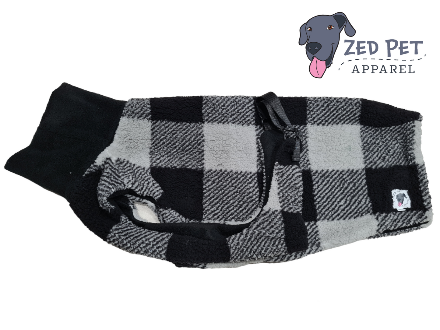 black and grey checks print plush fleece dog coat