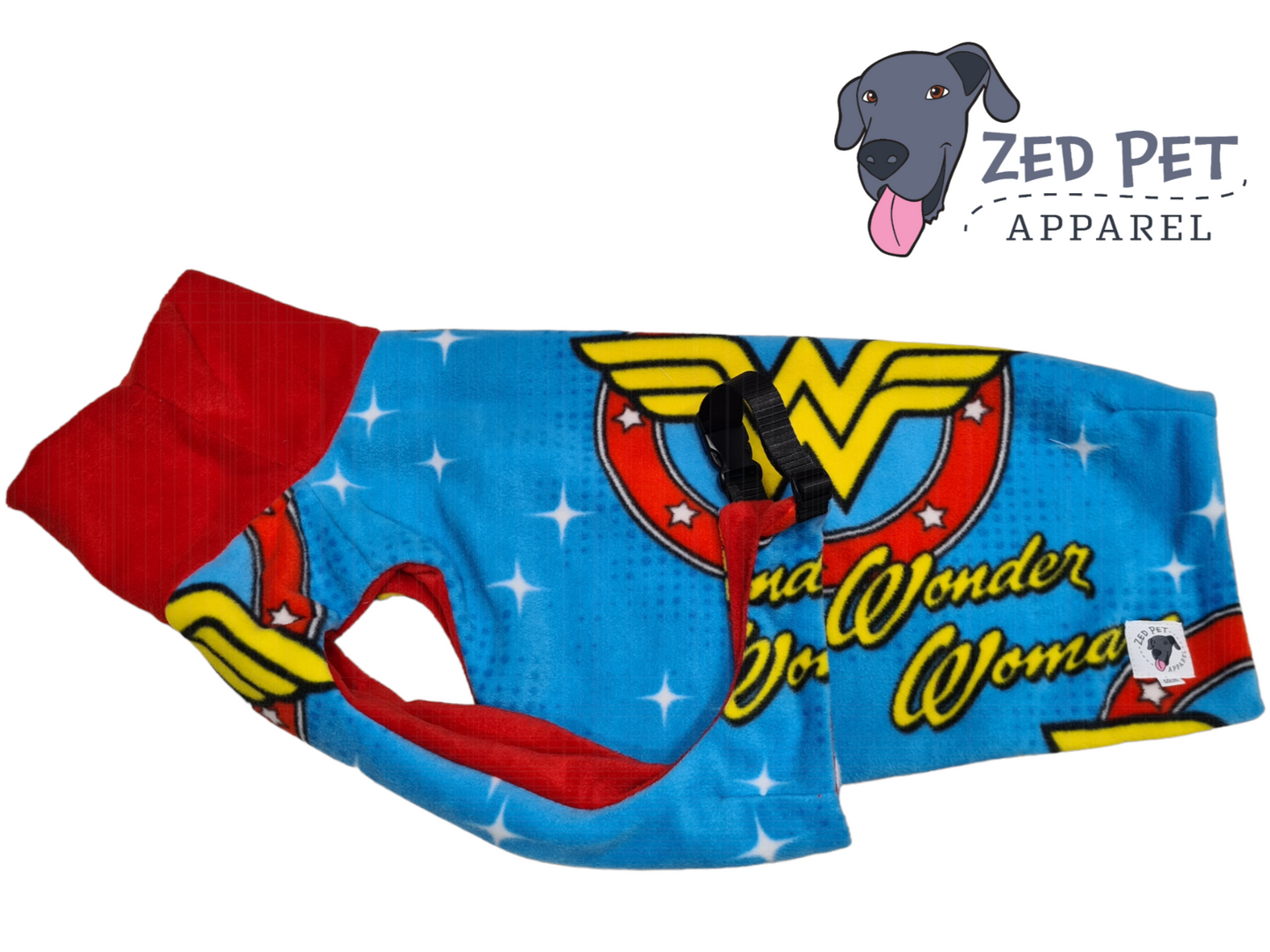 Blue and red wonder woman print fleece dog coat