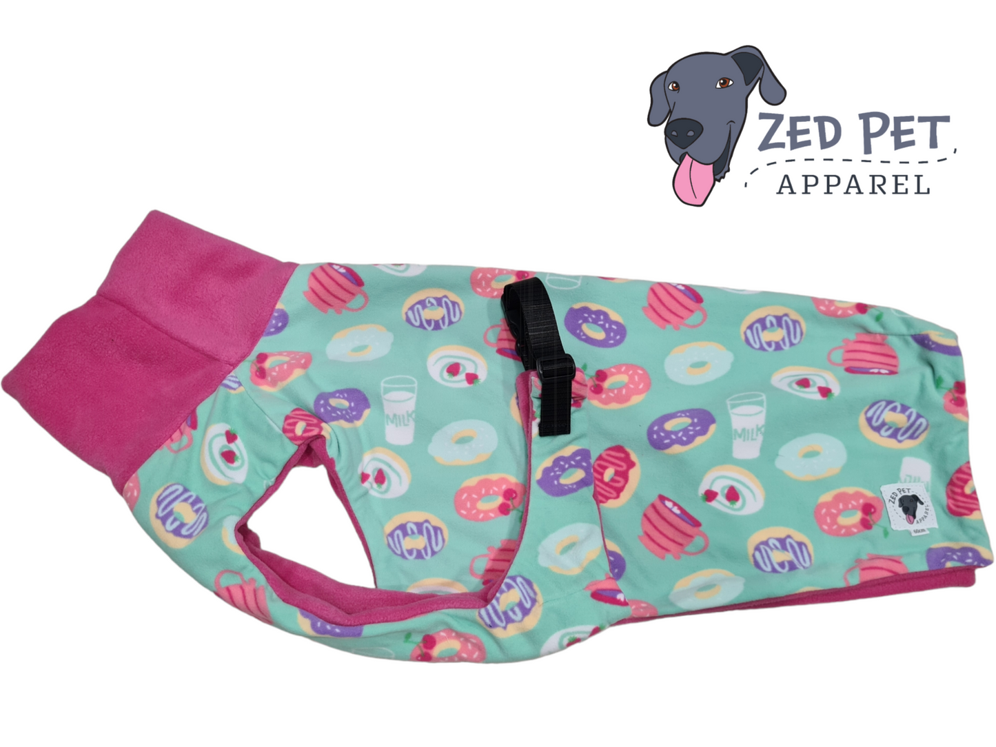 Light green donuts and milk print fleece dog coat