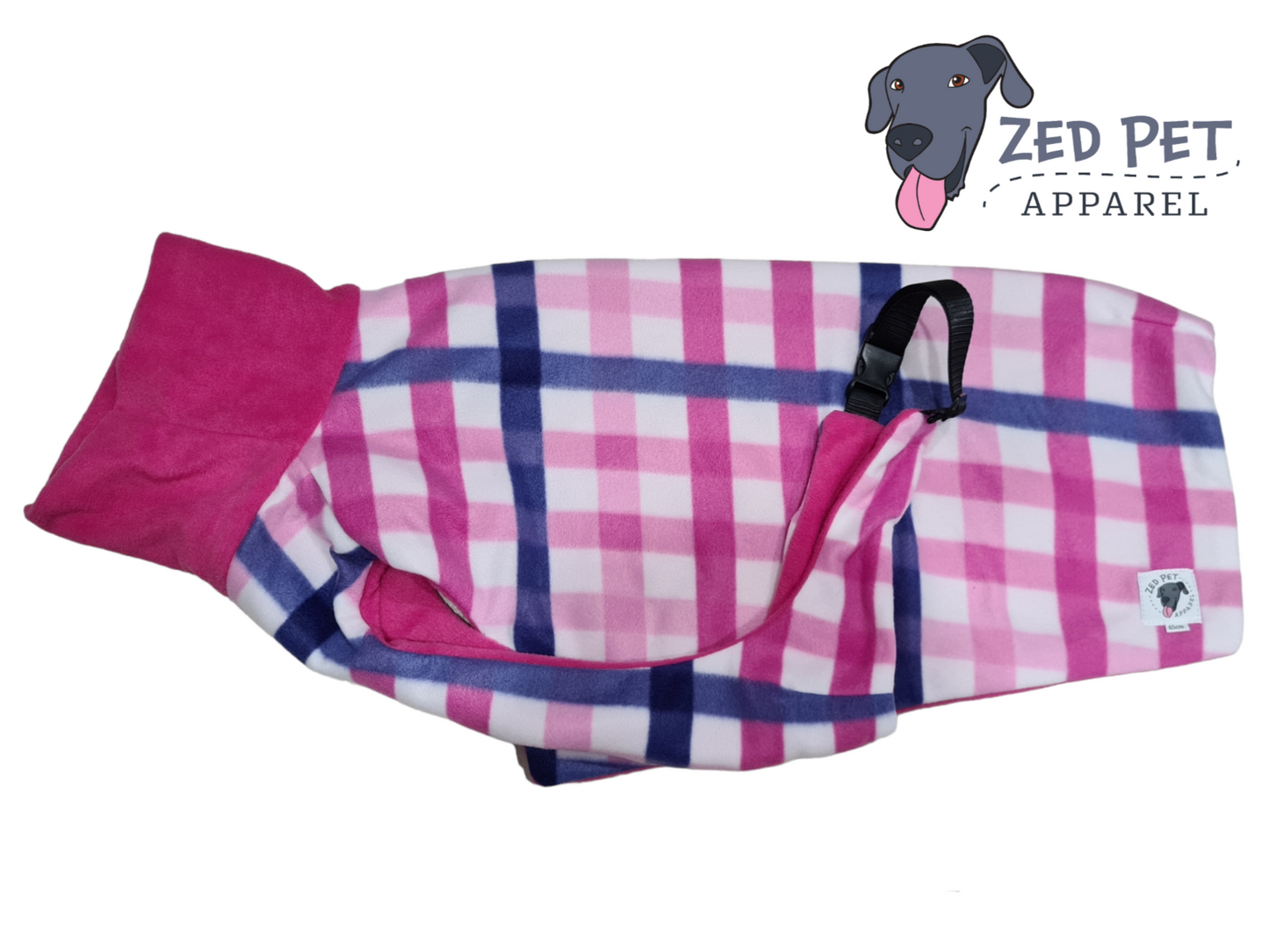 pink purple and white plaid print fleece dog coat