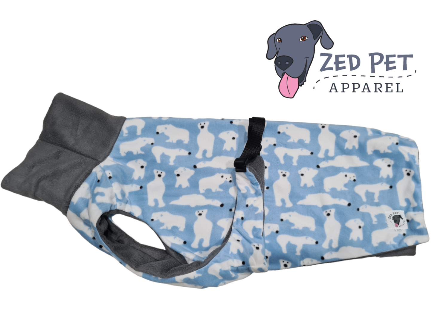 light blue polar bear print fleece dog coat