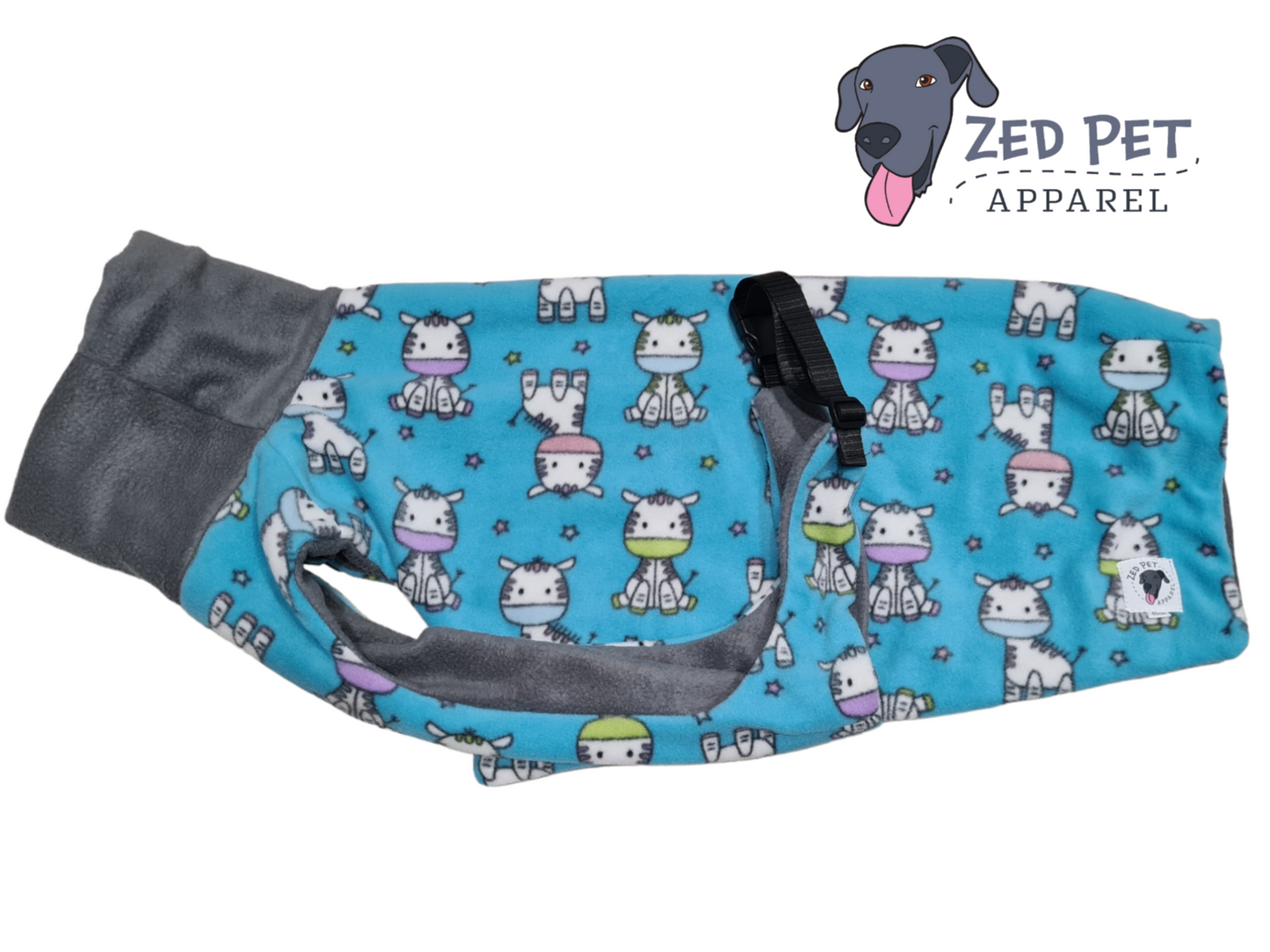 blue and grey donkey print fleece dog coat