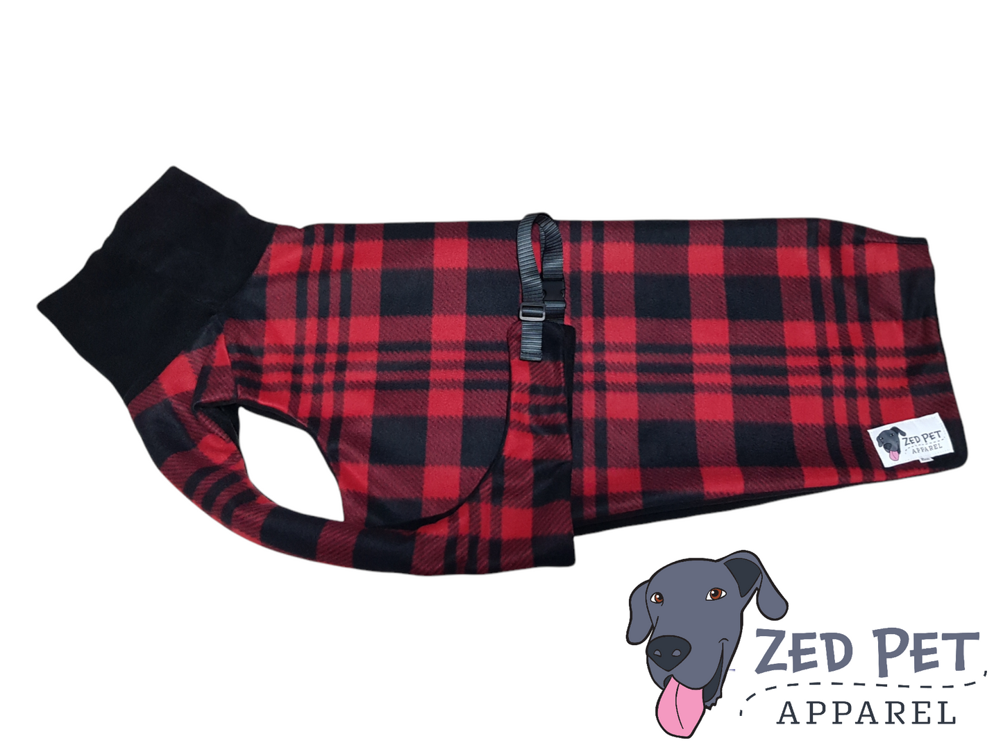 Red and black plaid great dane dog coat with black turtleneck