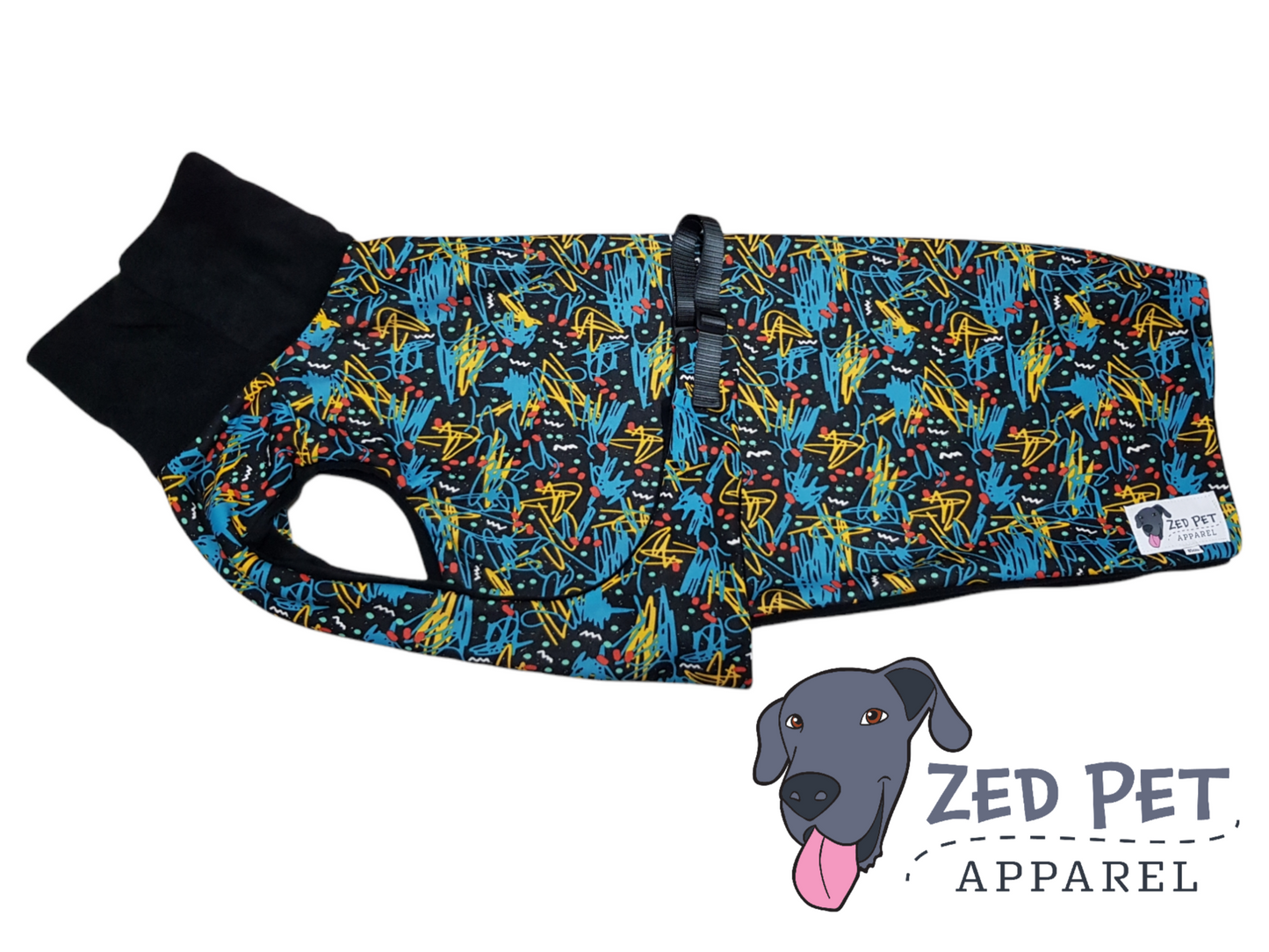 Dog coat with black turtleneck and abstract print