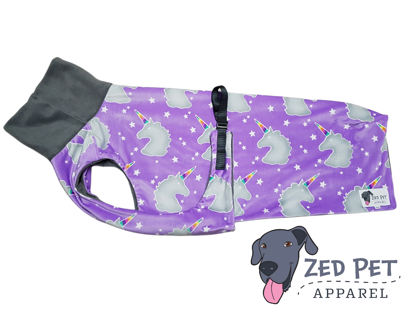 Purple 80cm great dane dog coat with grey unicorns dog coat has a grey neck