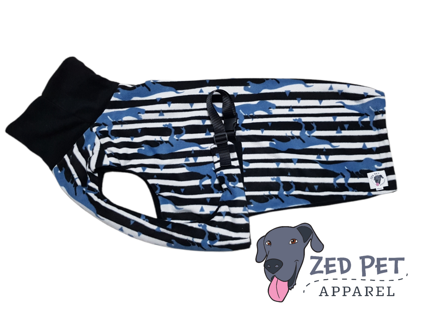 black and white striped dinosaur fleece dog coat