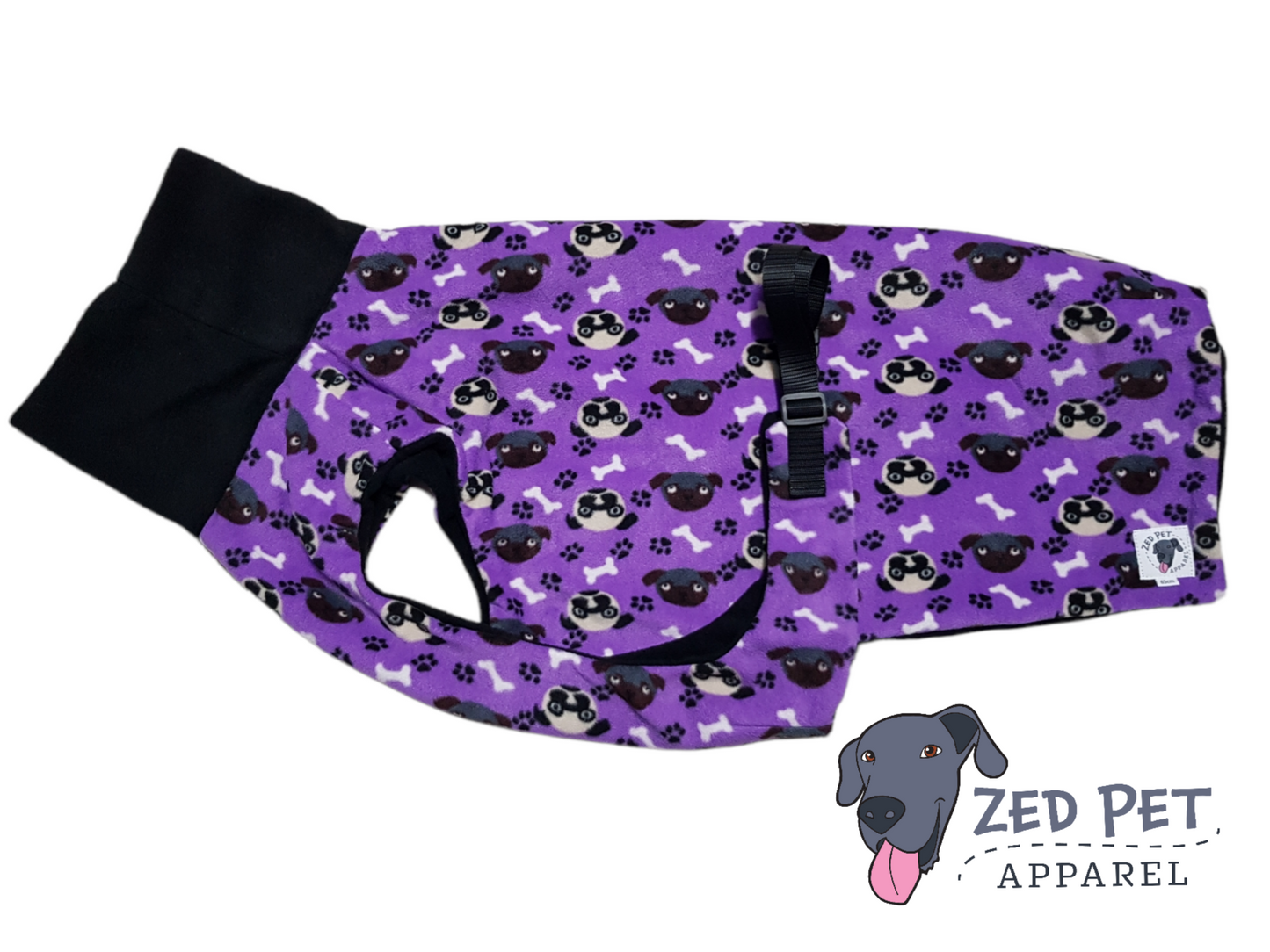 Purple fleece dog coat with dog faces print