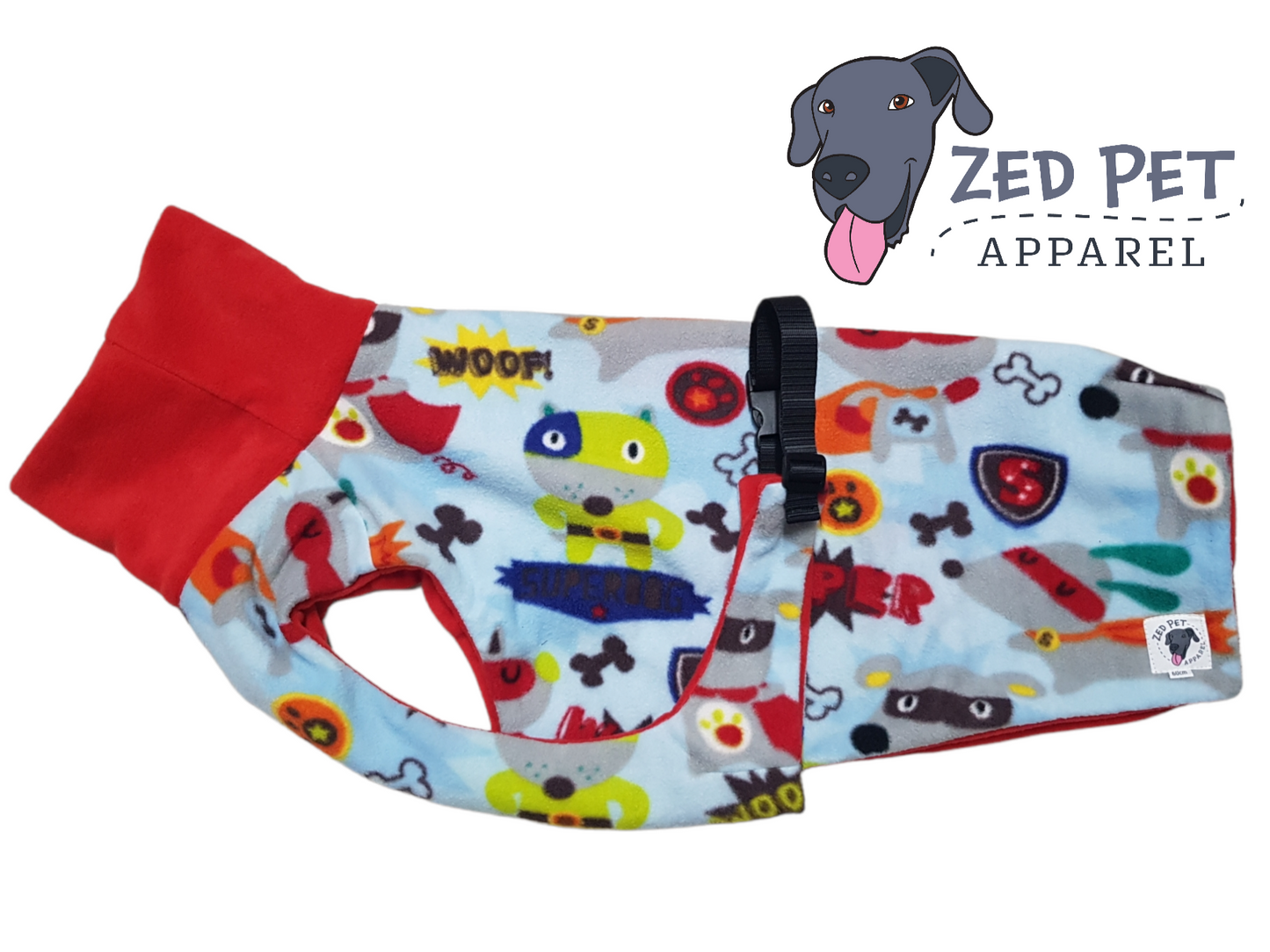 Light blue super dogs print fleece dog coat