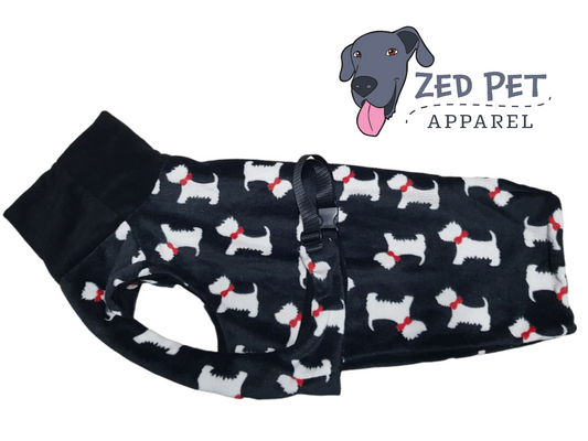 Black plush fleece dog coat with white dogs