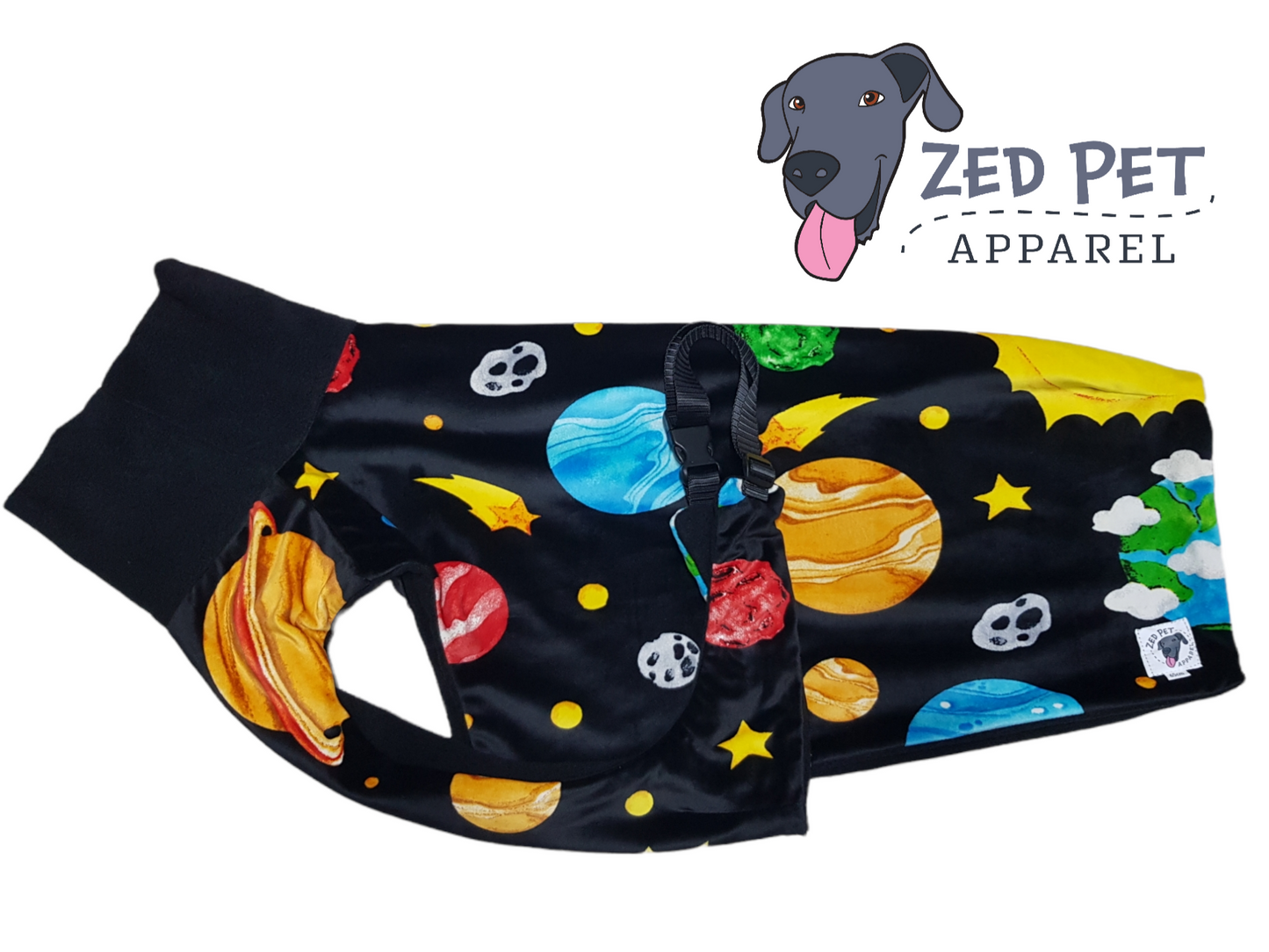 Black space print fleece dog coat