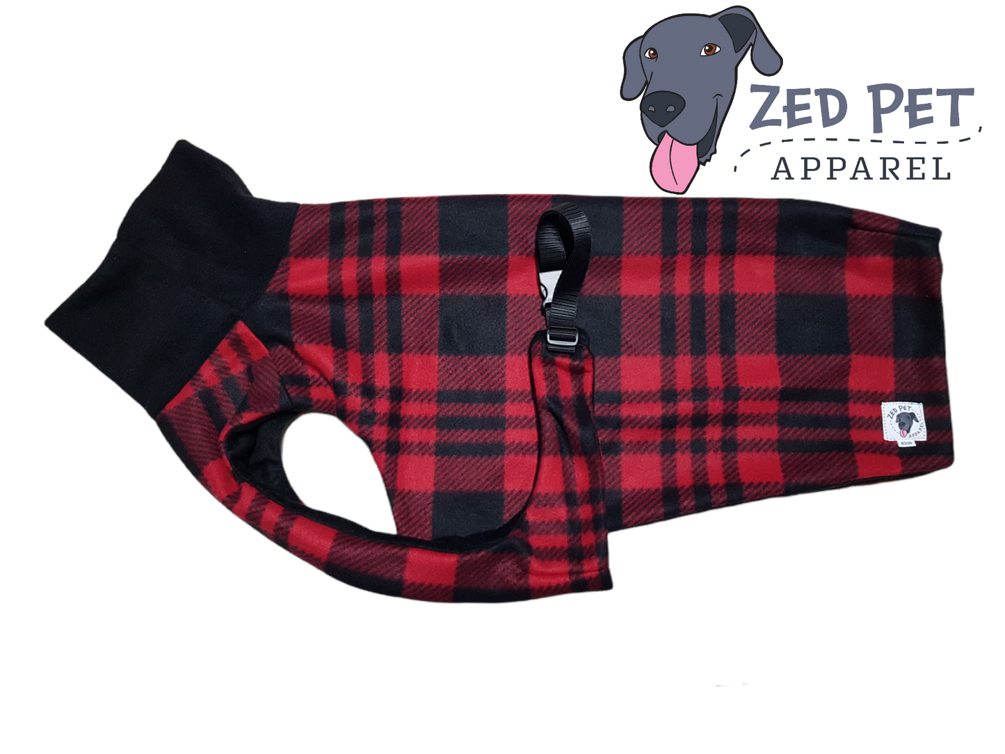 red and black plaid print fleece dog coat