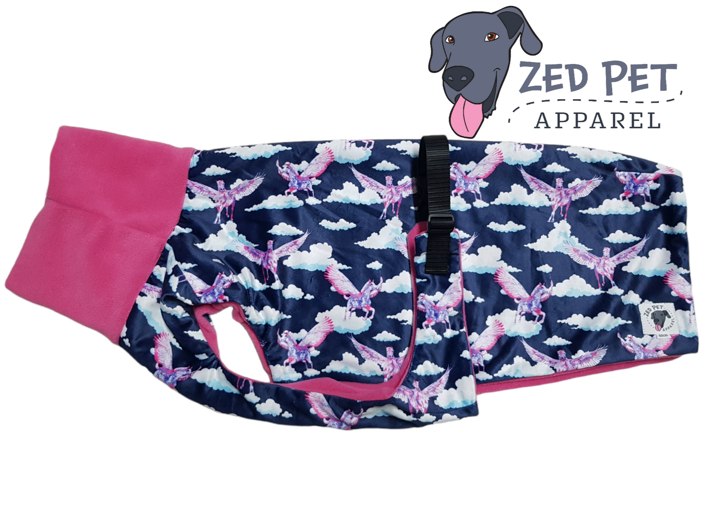 navy and pink Pegasus print fleece dog coat