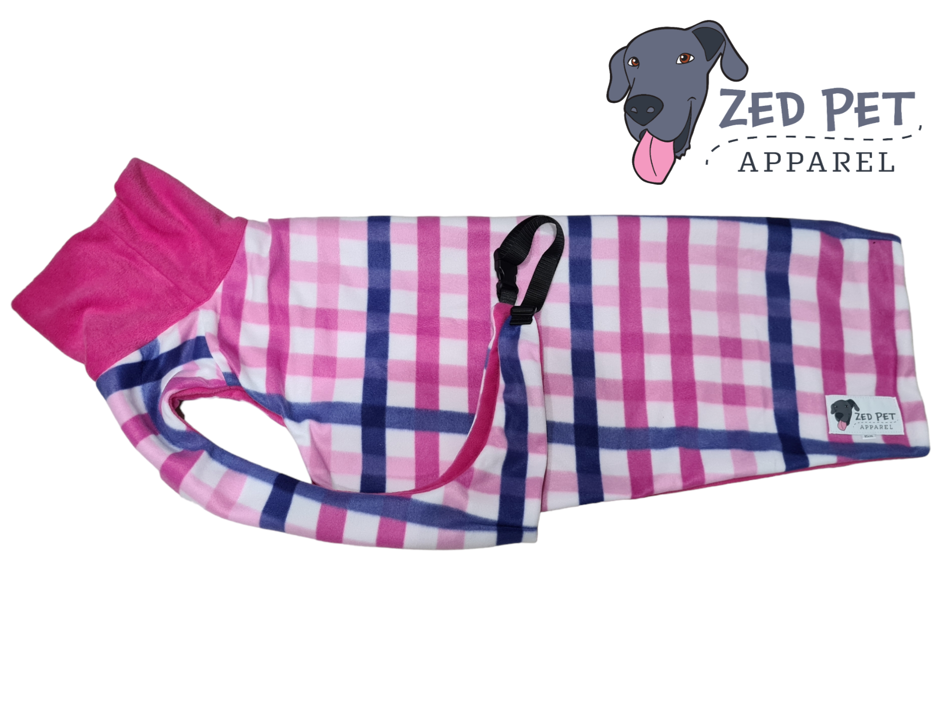 Pink, puple and white check fleece dog coat with pink turtleneck