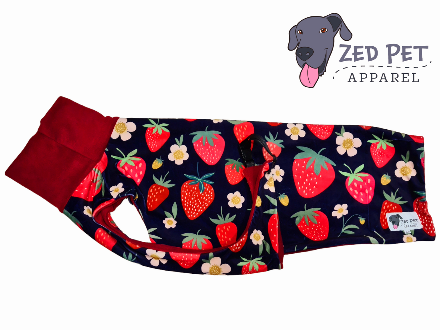 navy dog coat with red strawberry print and red turtleneck and lining