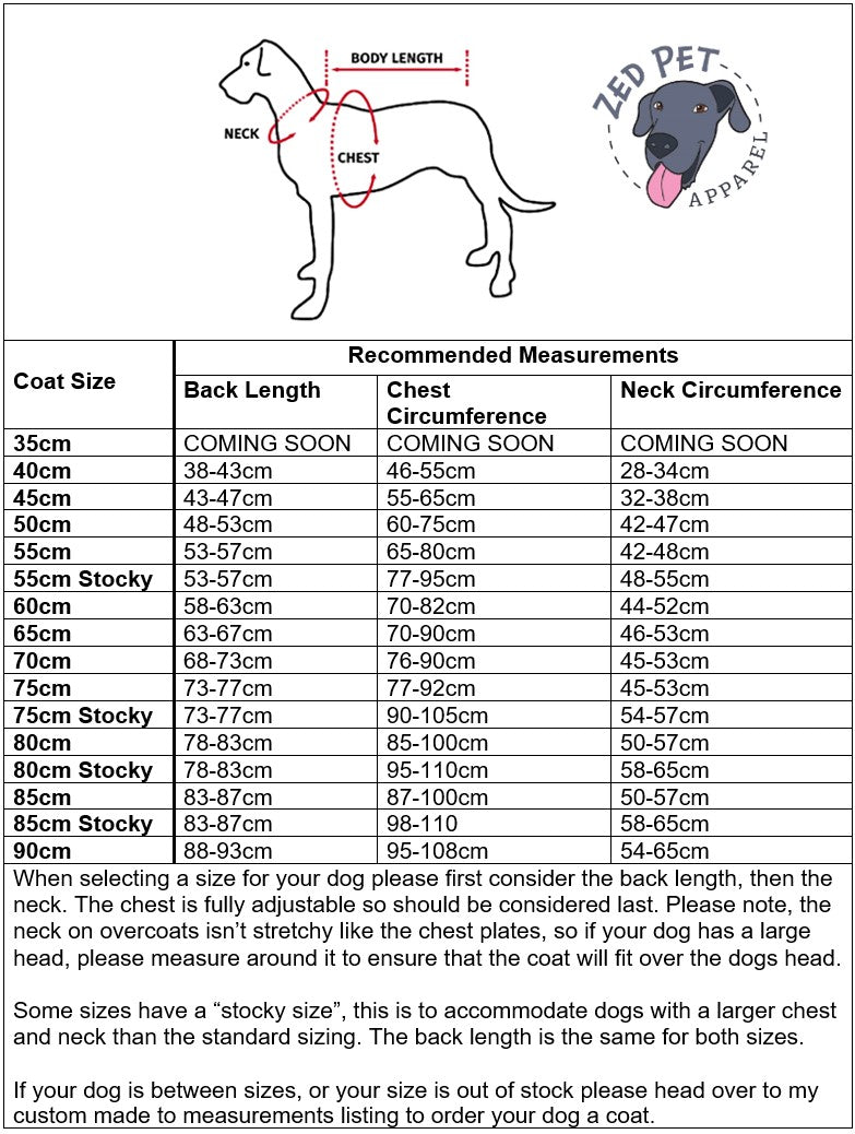 Size chart for dog coats
