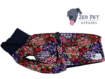 Multicoloured fleece dog coat with various flowers print