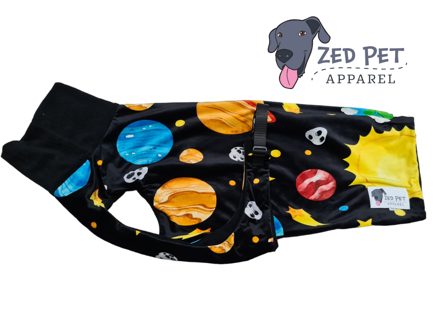 Black fleece dog coat with planets and stars