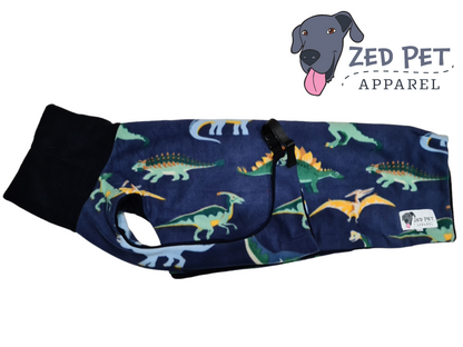 Fleece dog coat with black turtleneck and navy fabric with dinosaurs