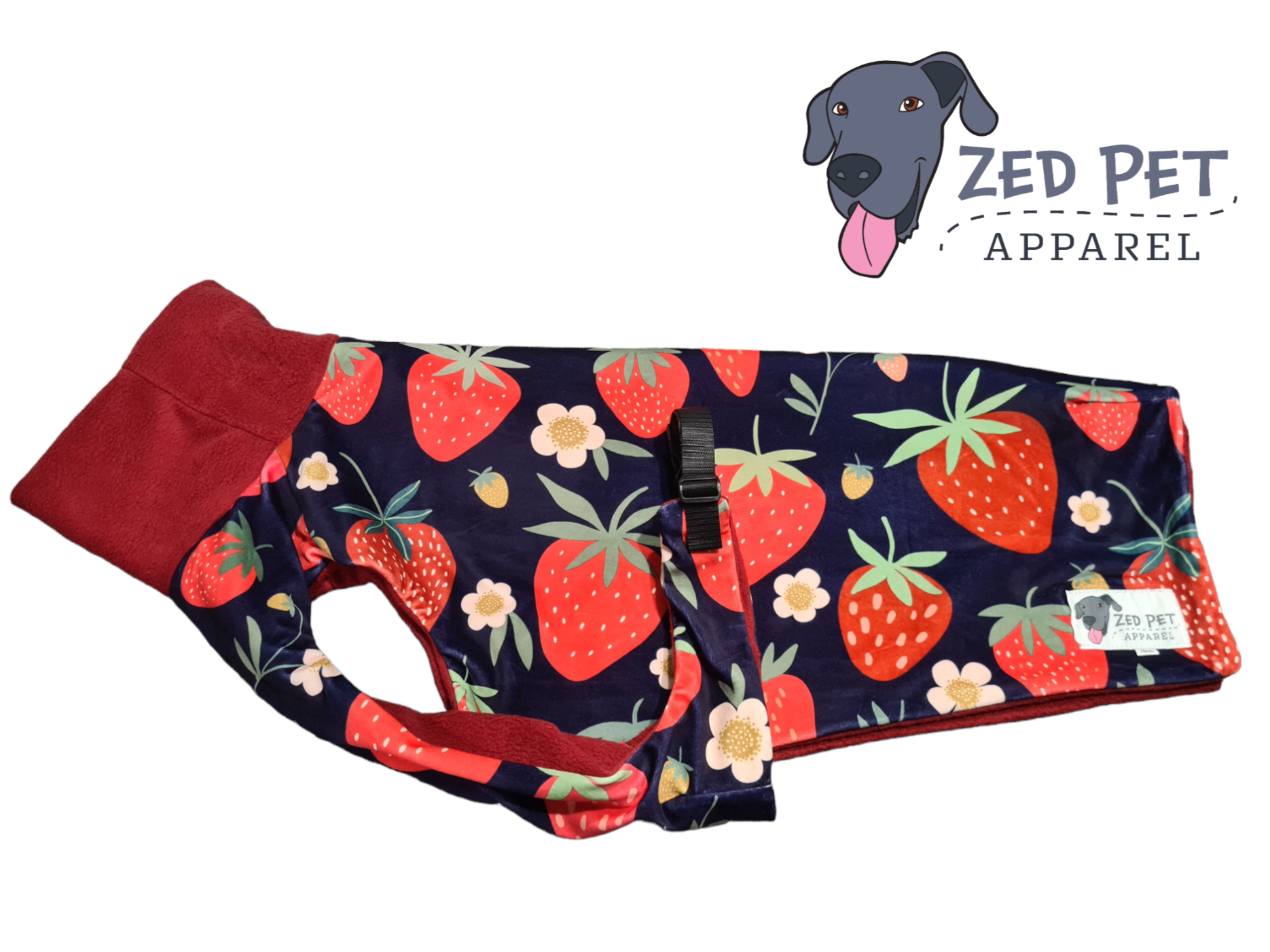Red and navy strawberry print fleece dog coat