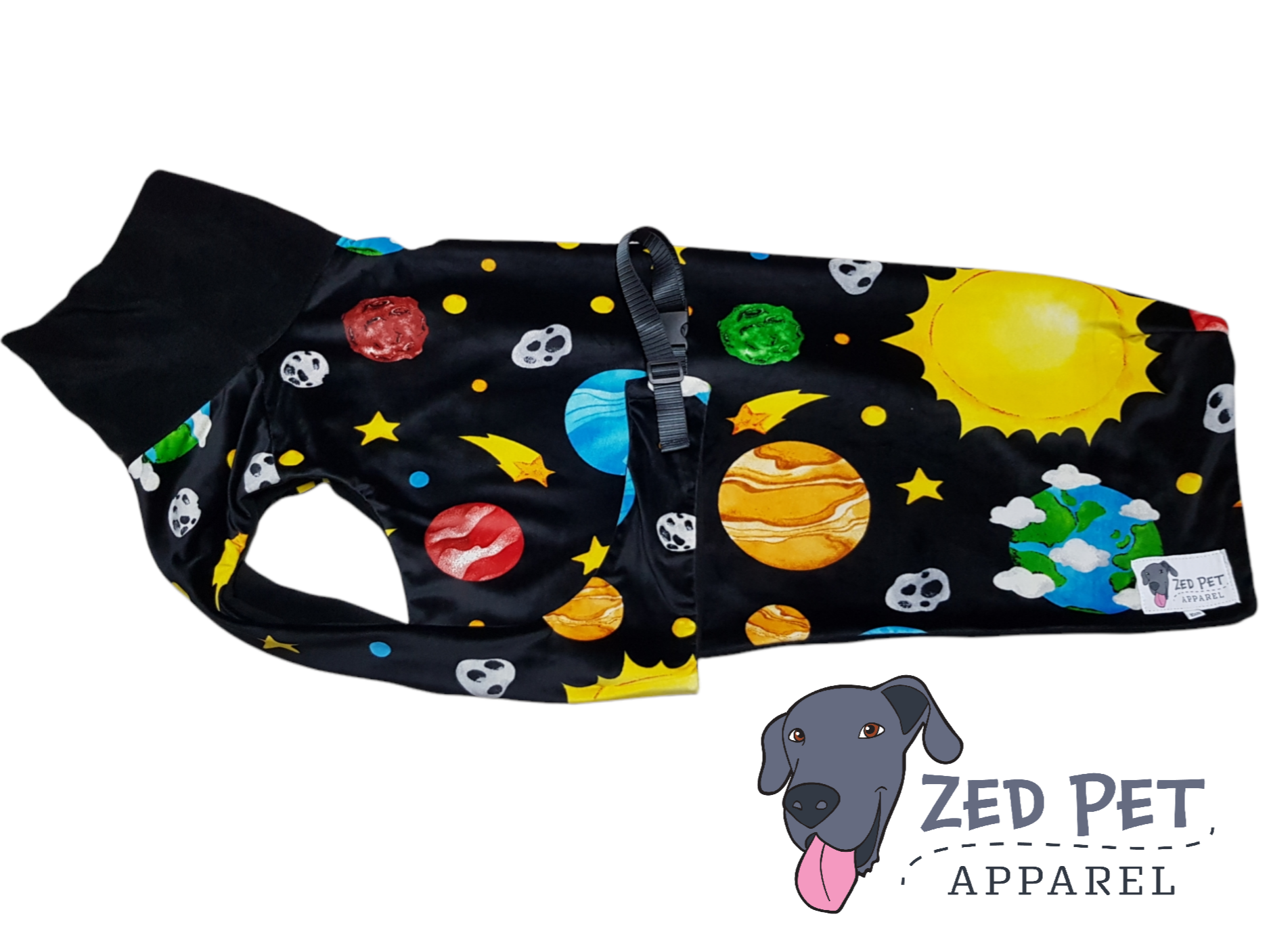 black dog coat with space and planets and black turtleneck
