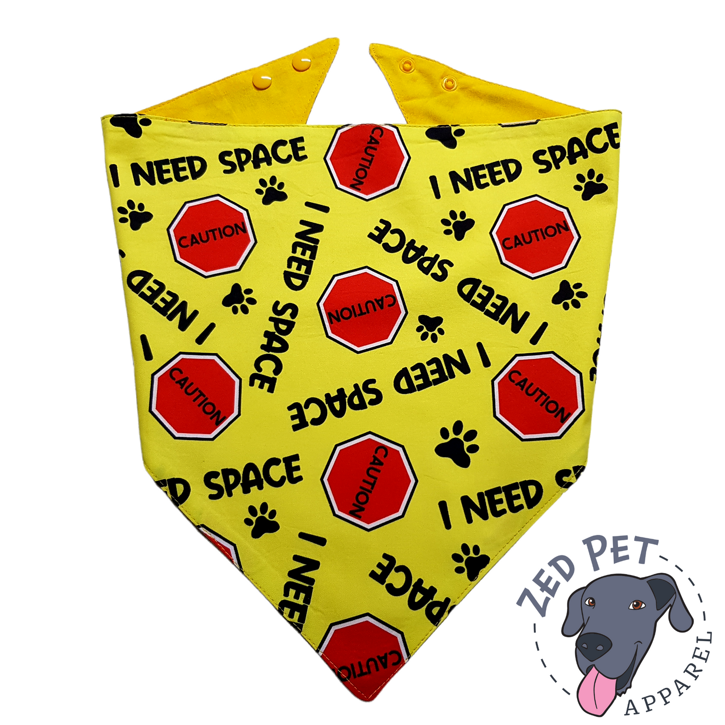 yellow dog bandanna that says "caution I need space"