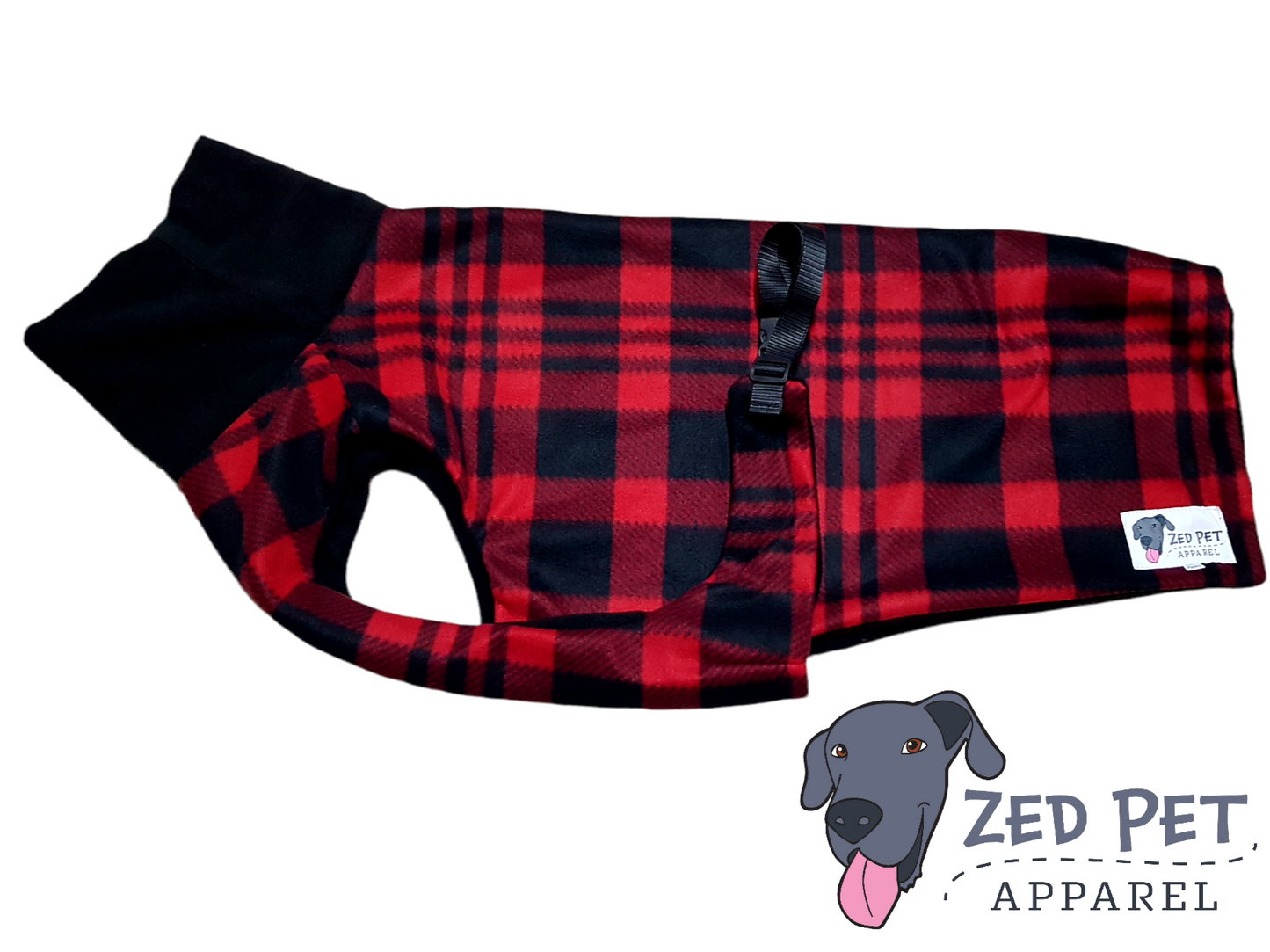 Red and black plaid fleece dog coat with a black turtleneck
