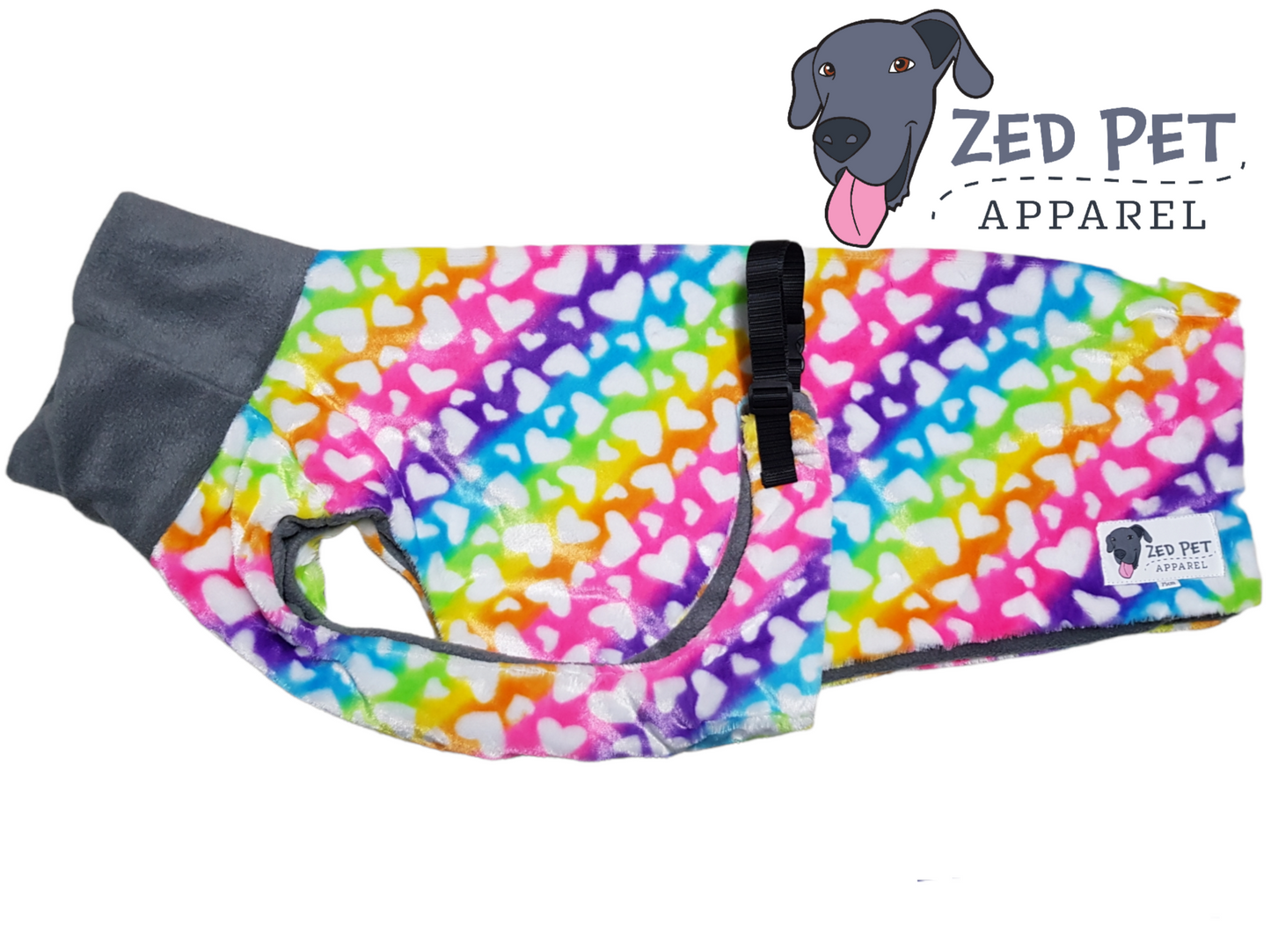 Rainbow diagonal striped dog coat with love hearts and a grey turtleneck on the coat