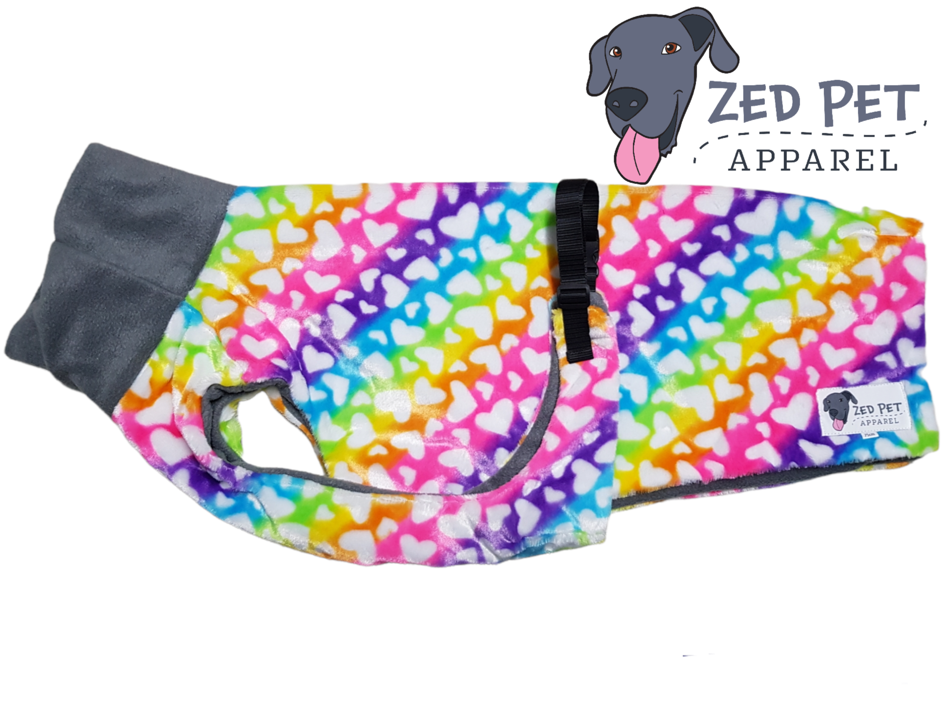 Rainbow diagonal striped dog coat with love hearts and a grey turtleneck on the coat