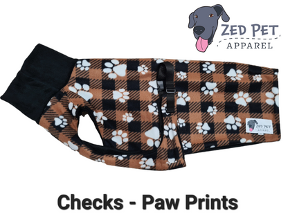 Brown and black check with white paw prints fleece great dane dog coat