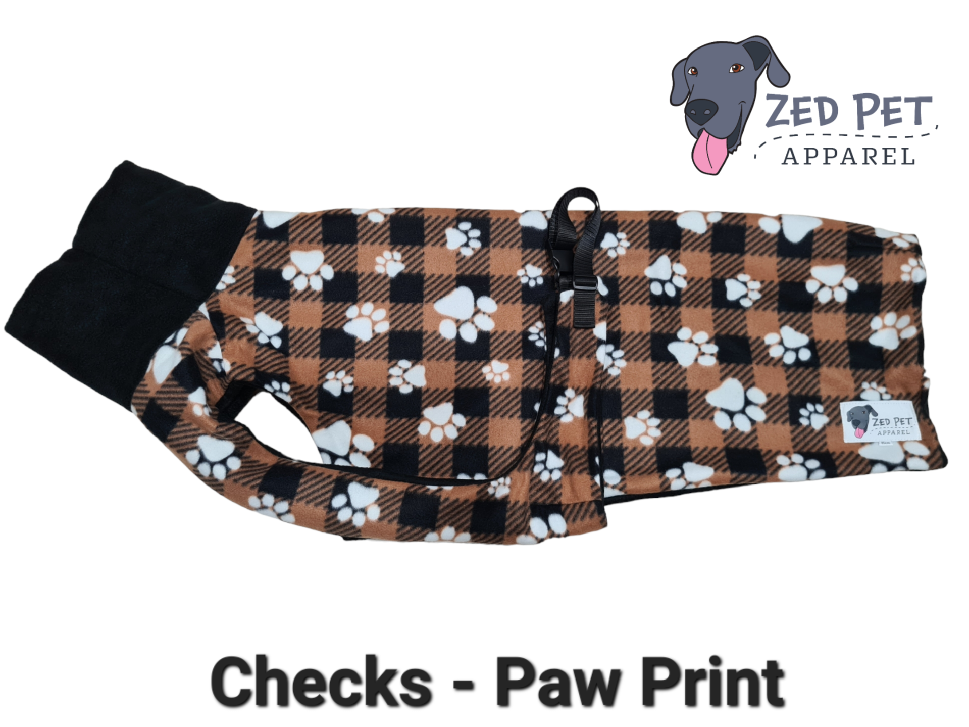 Brown and black check with white paw prints fleece great dane dog coat