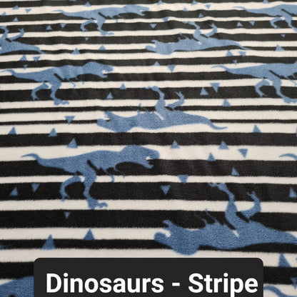 Black and white striped fleece with t-rex