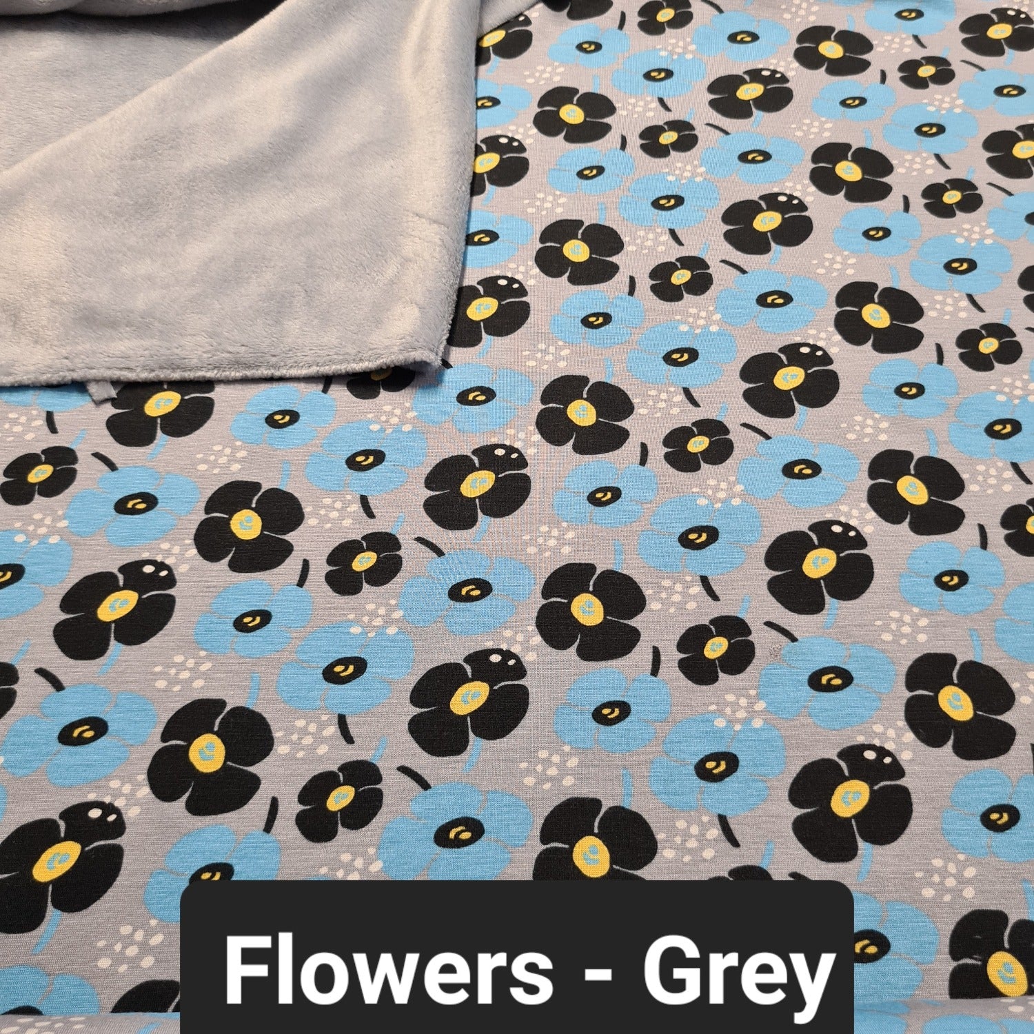 Grey fleece with black and blue flowers