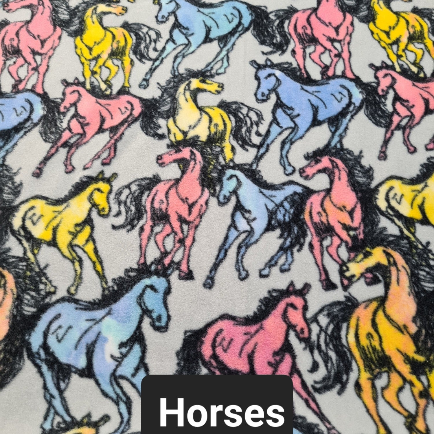 Grey polar fleece with pink, yellow and blue horses