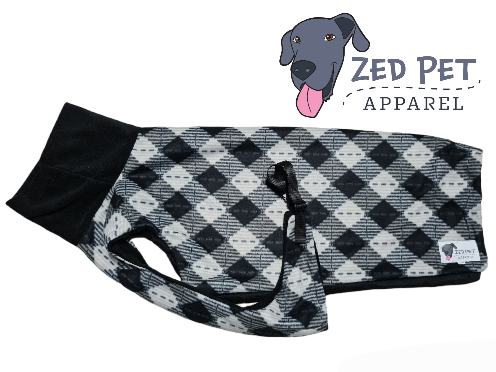 Black and grey diagonal check great dane dog coat with black turtle neck