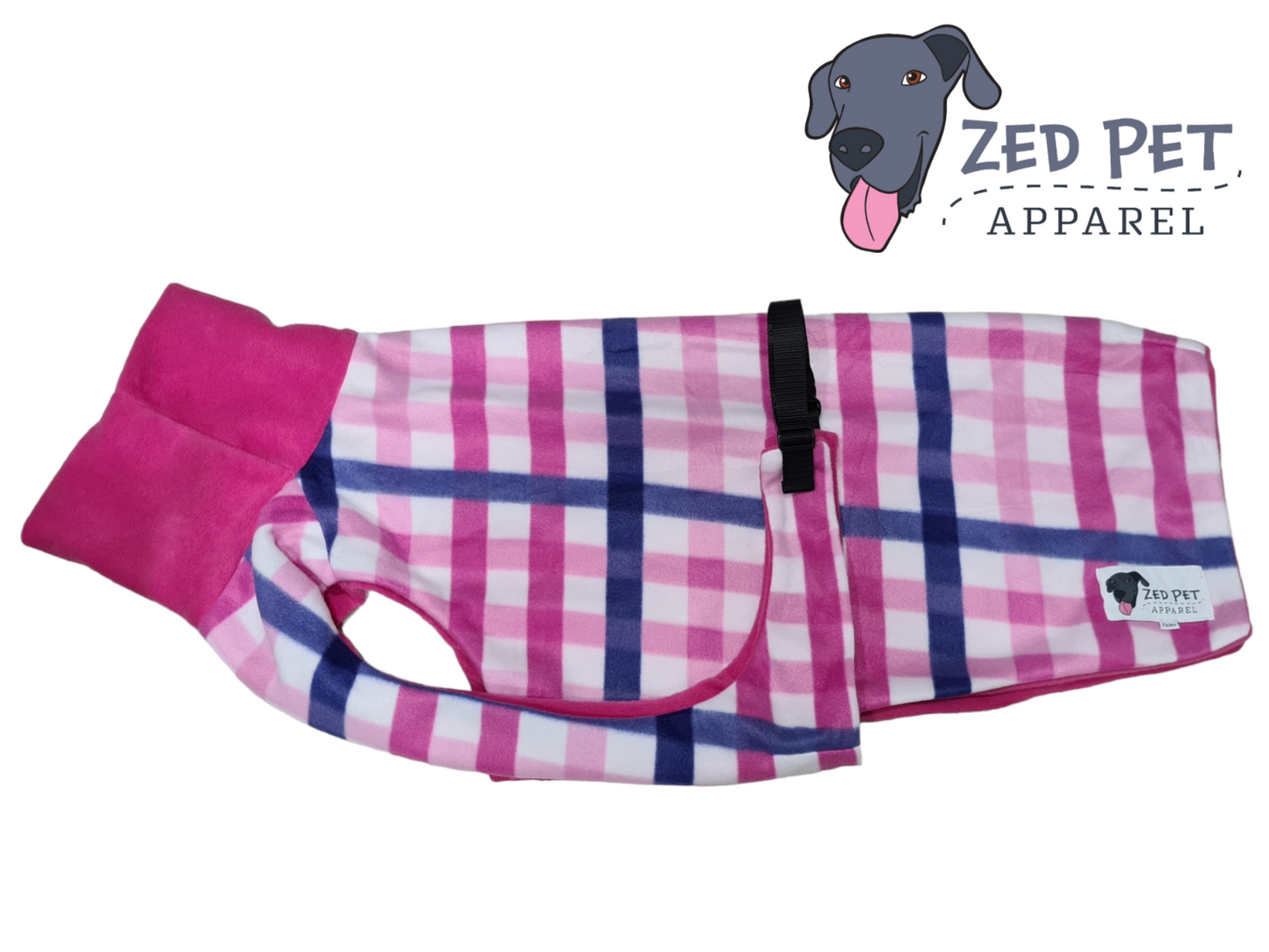 Pink fleece dog coat with white pink and purple checks