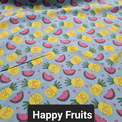 Light blue soft shell fabric with smiling watermelons and pineapples wearing glasses