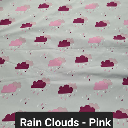 grey soft shell fabric with pink rain clouds and rain