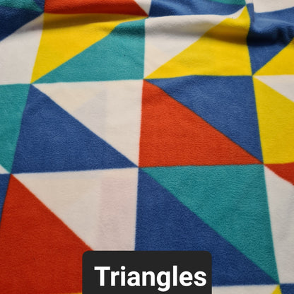 Polar fleece fabric with blue, white and yellow triangles