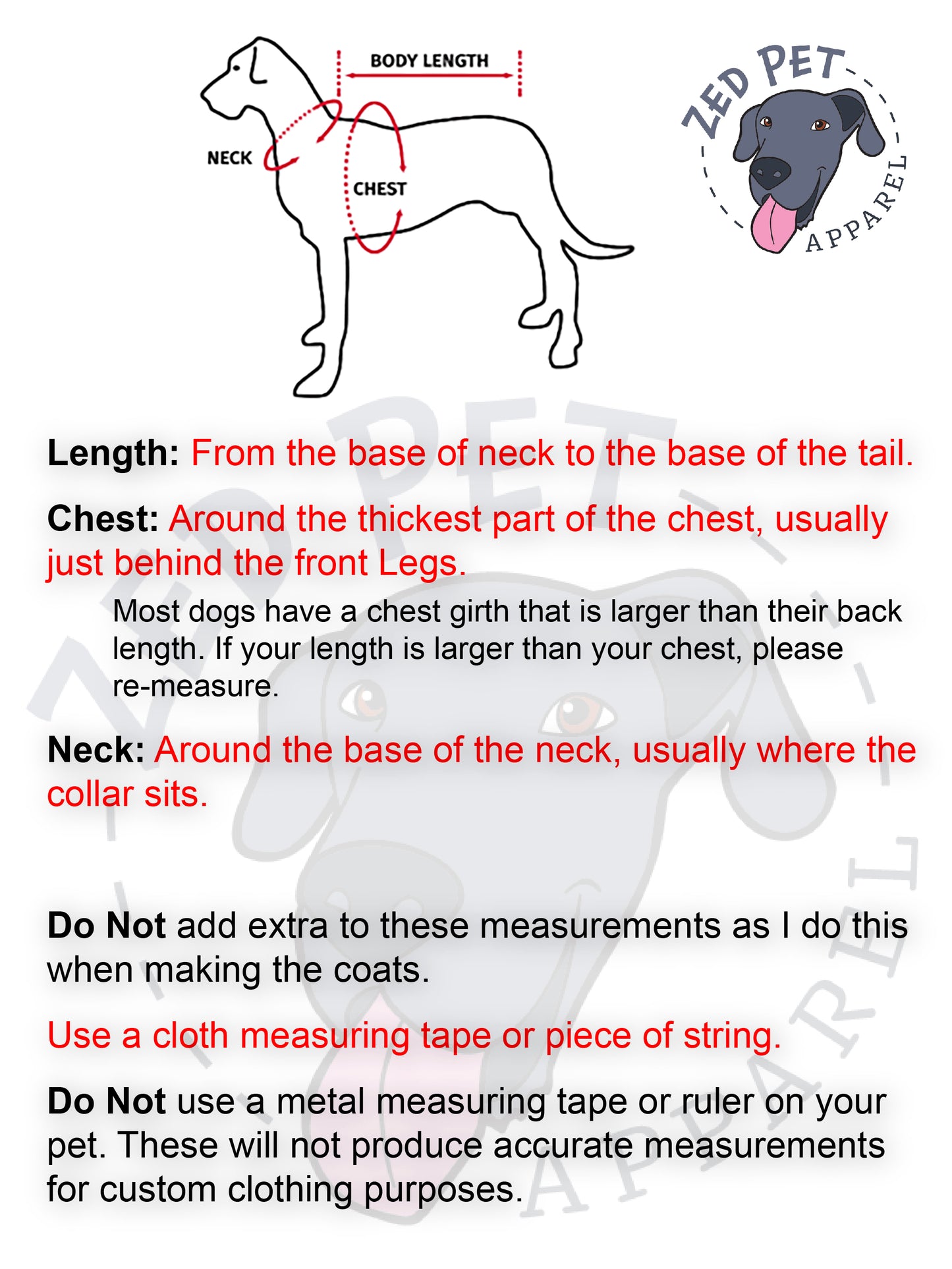 Guide for measuring your dog with text and pictures