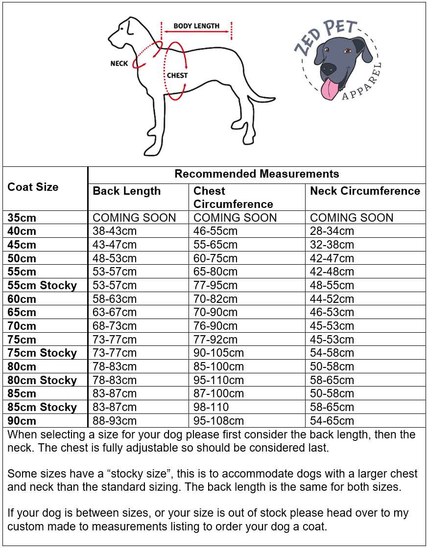 Dog coat size chart with measuring instructions