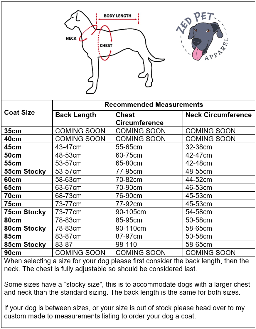 Ready Made Chest Plate Style Dog Coats - Medium (50cm and 55cm)