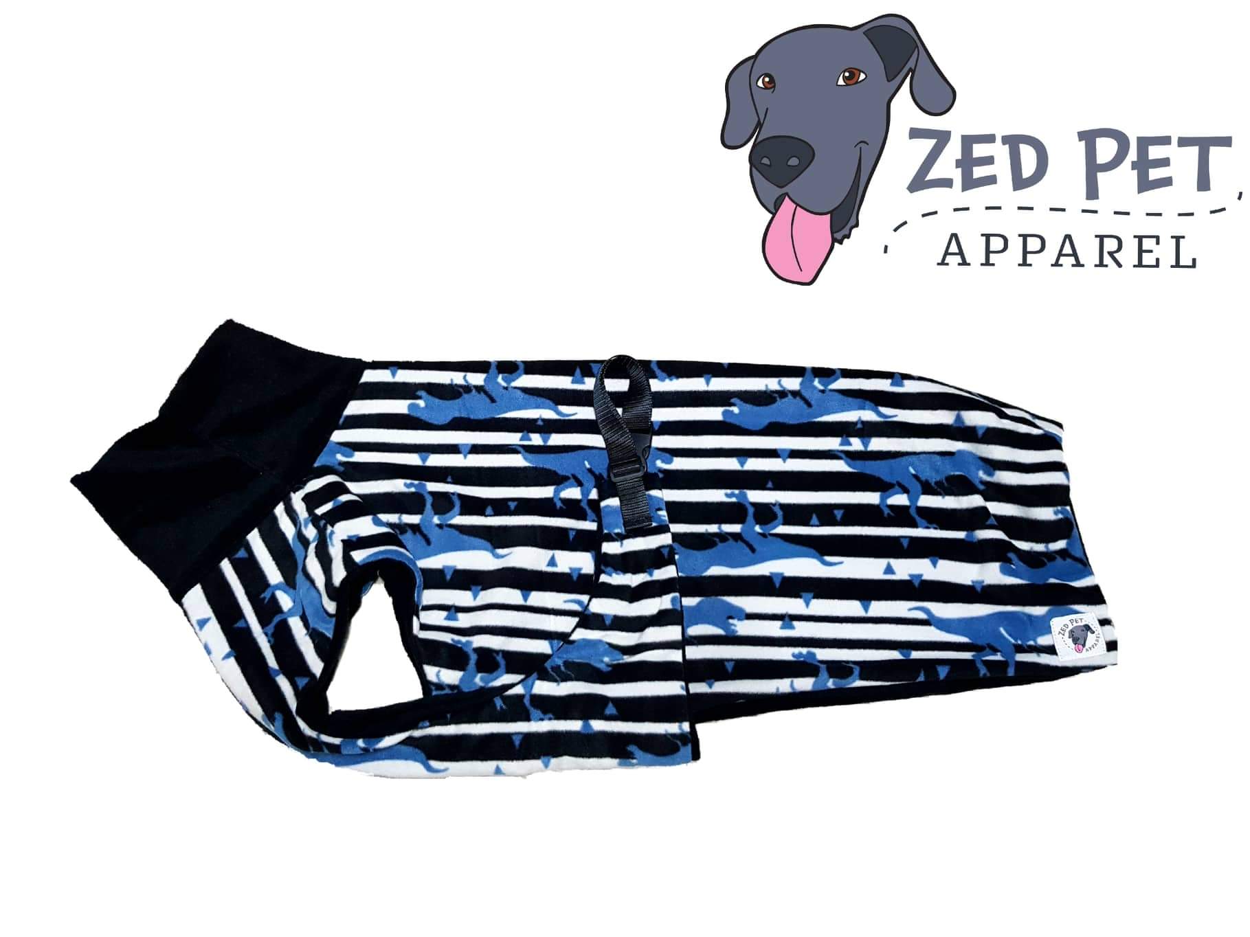 Black and white striped dog coat with navy dinosaur print with a black fleece turtleneck