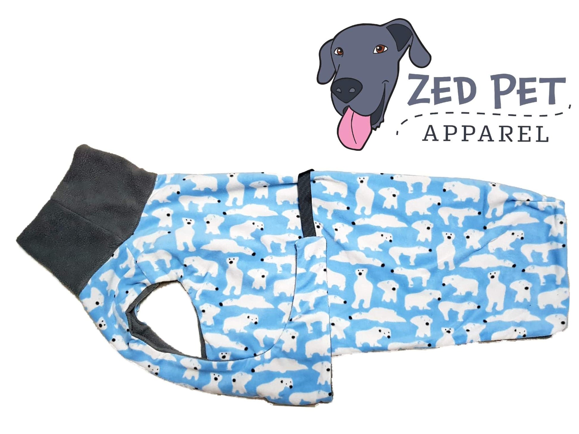 dog coat printed with blue and white polar bears and grey turtleneck